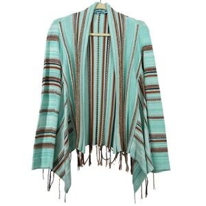 Goddis Size S/M Cardigan Turquoise Brown Striped Fringe Open Front Knit Sweater